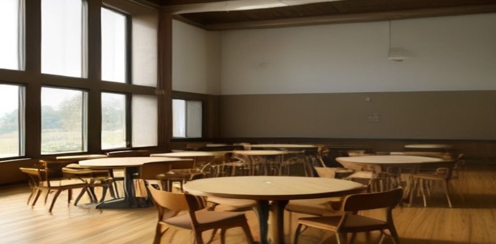 Tables and chairs set up for a gathering in the Wolverine Den community hall